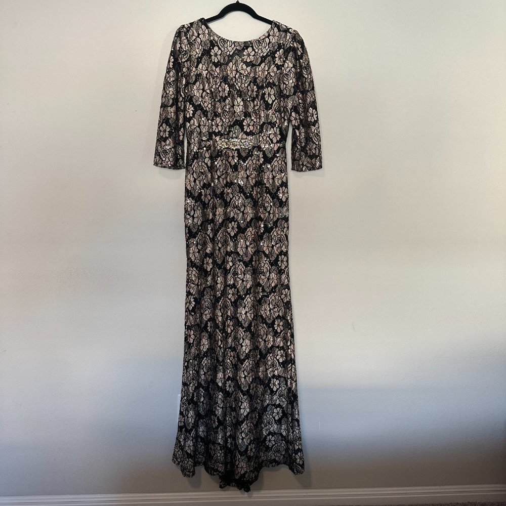 Lenovia Black and Gold Lace and Sequin Evening Gown with Embelishment